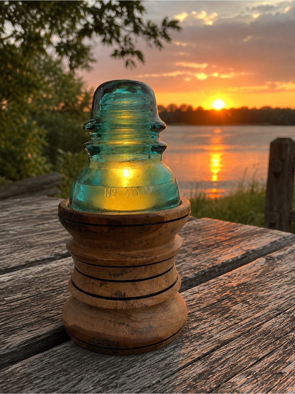 B&W Redneck Fairy Lamp | Teal Glass Insulator on Hand-Turned Wood Base